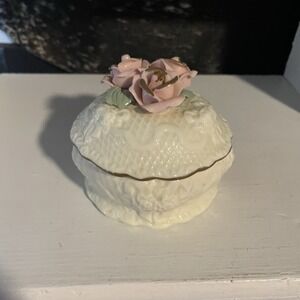 Vintage trinket box white with 3D roses on lid Gold painted Trim FREE SHIP